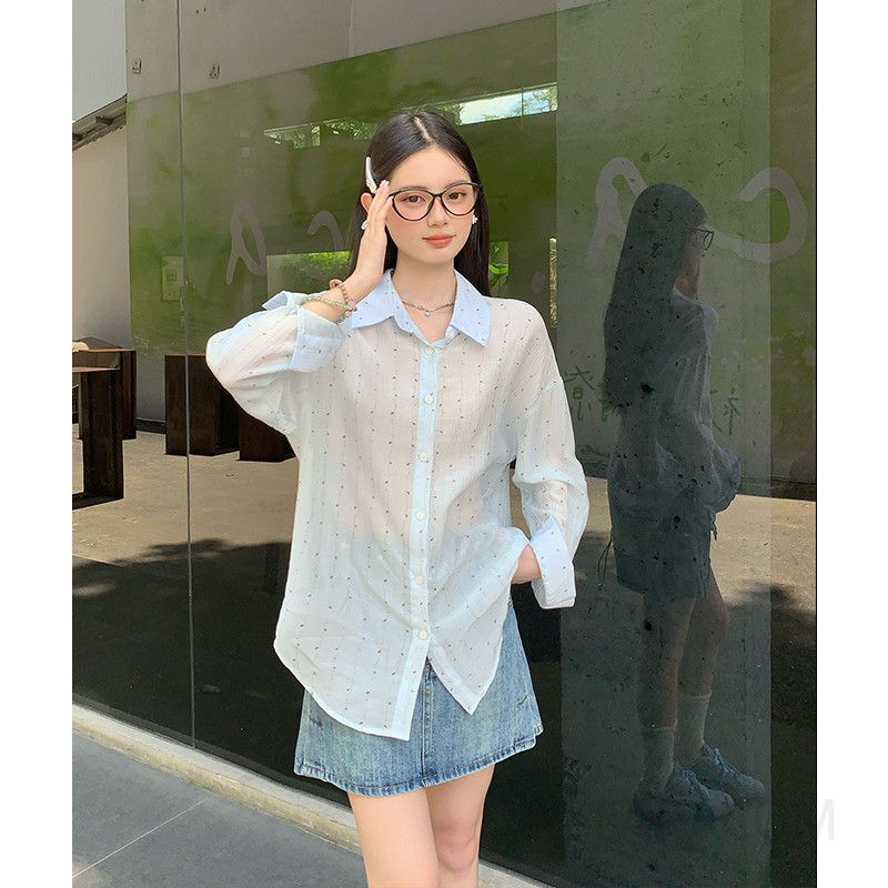 여성 캐주얼 오버핏 라이오셀 도트 패턴 카라 셔츠 루즈핏 블라우스 포켓 긴팔 남방 데일리 셔츠 - 상품 이미지