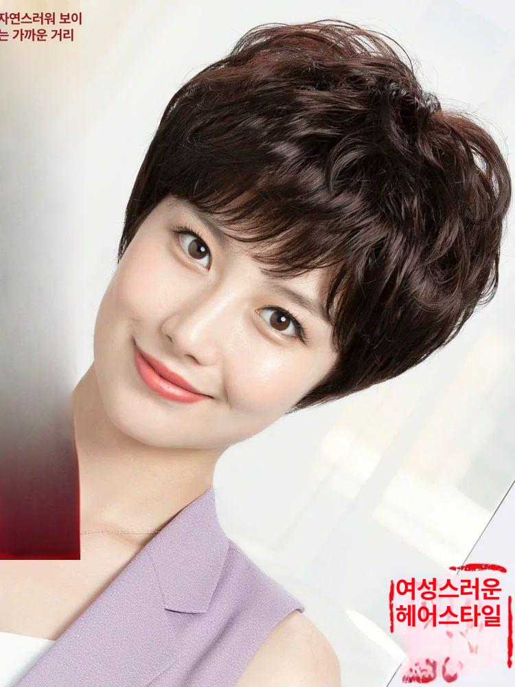 여성 인모 전체 단발 통가발 숏컷 혼합 내추럴 컬러 통기성 메쉬+인공 두피 - 상세 이미지 2