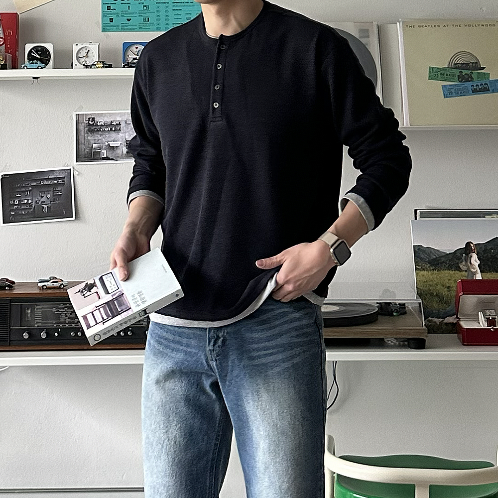 피케 헨리넥 티셔츠 구김없는 레이어드 헨리넥 남자 긴팔티 - 상품 이미지