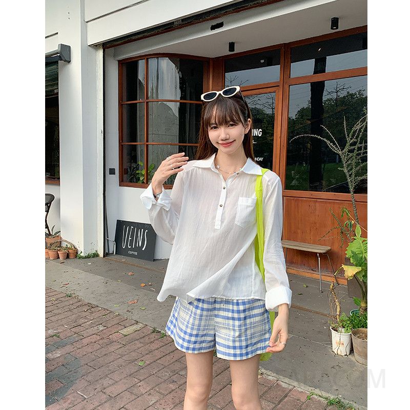 여성 데일리 베이직 미니멀 루즈핏 코튼 면 시원한 포켓 헨리넥 버튼 자수 긴팔 셔츠 블라우스 가을 레이어드 남방 - 상품 이미지