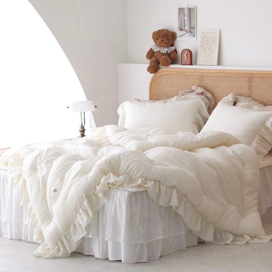 [단독] 순면 60수 오가닉 플레인 프릴 옥수수솜 사계절 차렵이불 SS + 베개커버