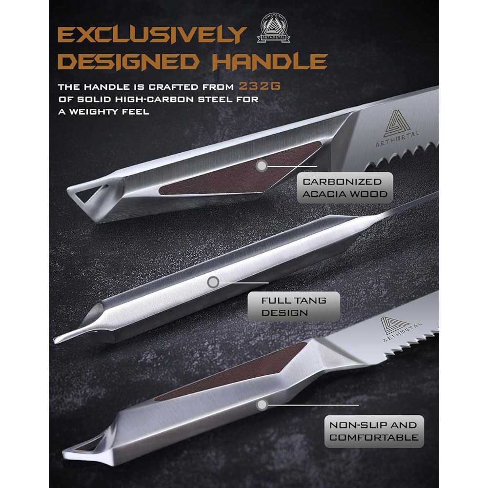 AETHMETAL Resharpenable 20.3cm(8인치) 브레드 나이프 독일 탱이 - 톱니 엣지, 웨이브 다기능 및 스틸 스테인리스 슬라이싱 수제 풀 효율적인 있는 나이프, - 상세 이미지 3
