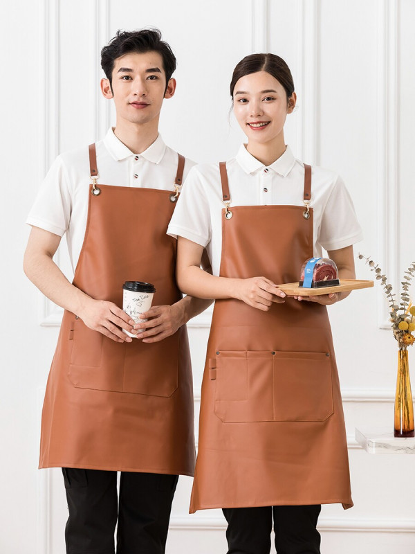 방수 앞치마 커피색 가죽 스트랩 주방 작업용 바리스타 미용실 유니폼 생활방수 조리용 - 상품 이미지