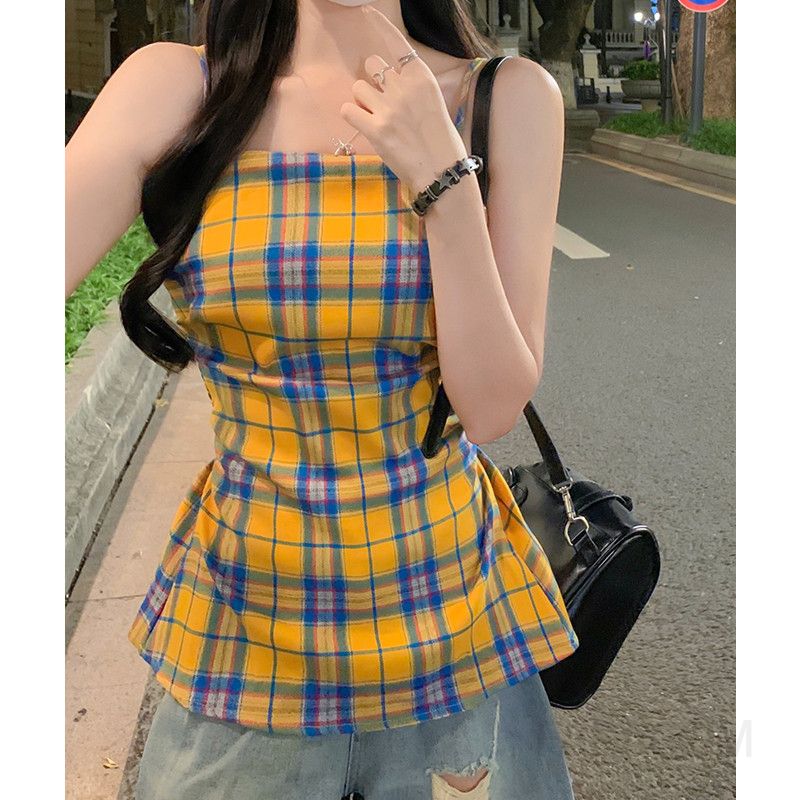 여성 빈티지 레트로 스트릿 폴리 슬림 스퀘어넥 민소매 슬리브리스 체크 레이어드 뷔스티에 나시 티셔츠 - 상세 이미지 4