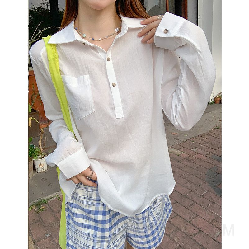 여성 데일리 베이직 미니멀 루즈핏 코튼 면 시원한 포켓 헨리넥 버튼 자수 긴팔 셔츠 블라우스 가을 레이어드 남방 - 상세 이미지 5