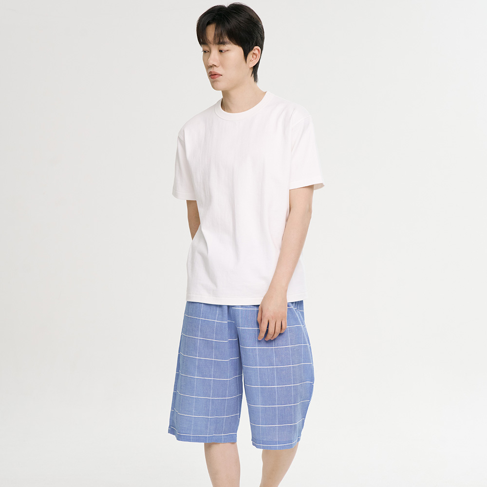블루 L체크 7부 순면 남성 잠옷 파자마 바지 - 상세 이미지 2