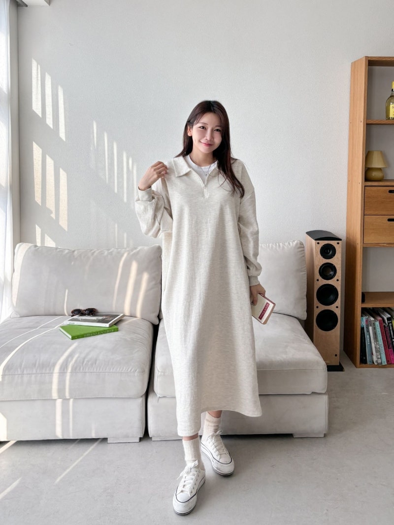 반집업원피스 아노락 카라 반집업 맨투맨 여성 긴팔 롱 원피스 - 상세 이미지 3
