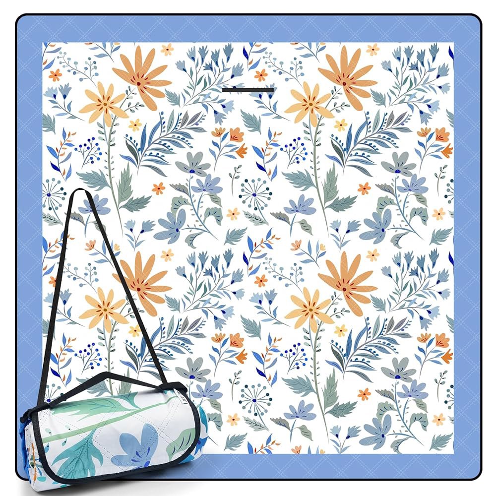 DEWUR 피크닉 담요 200.7cm x 모래 라지 휴대용 해변 엑스트라 (꽃이 200.7cm(79 방지 캠핑용 79인치) 접이식 매트 세탁 야외 방수 가능한 있는 잔디 흰색) - 상품 이미지
