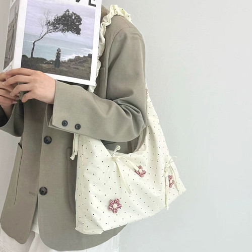 여성 가방 플라워 숄더백 리본 곱창끈 캐주얼 스퀘어 베이직 데일리백 학생 가방 - 상세 이미지 5