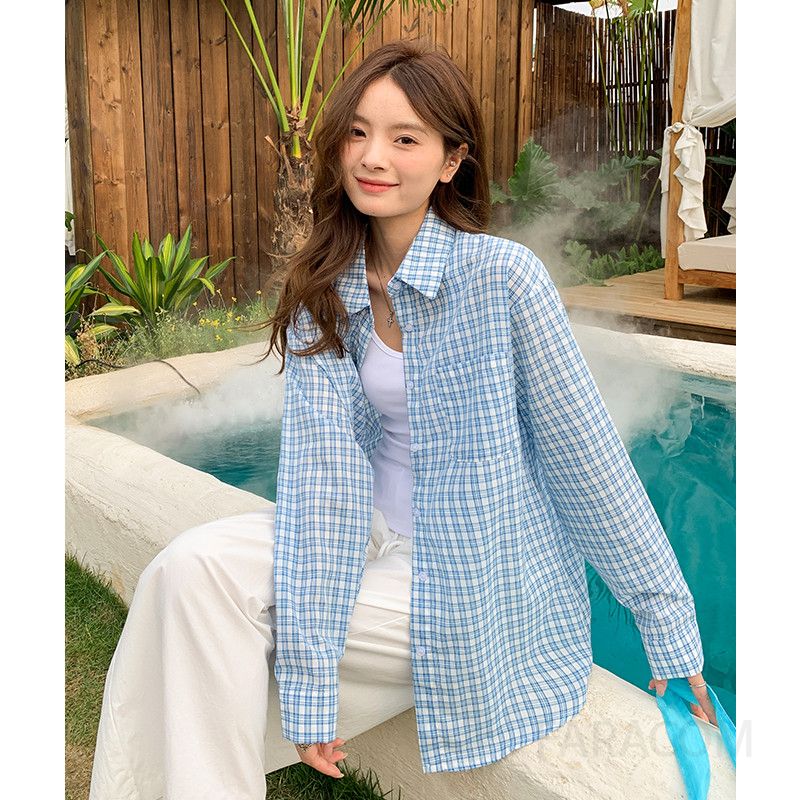 여성 캐주얼 데일리 루즈핏 코튼 체크 자수 포인트 긴팔 셔츠 포켓 레이어드 남방 오버핏 - 상세 이미지 4