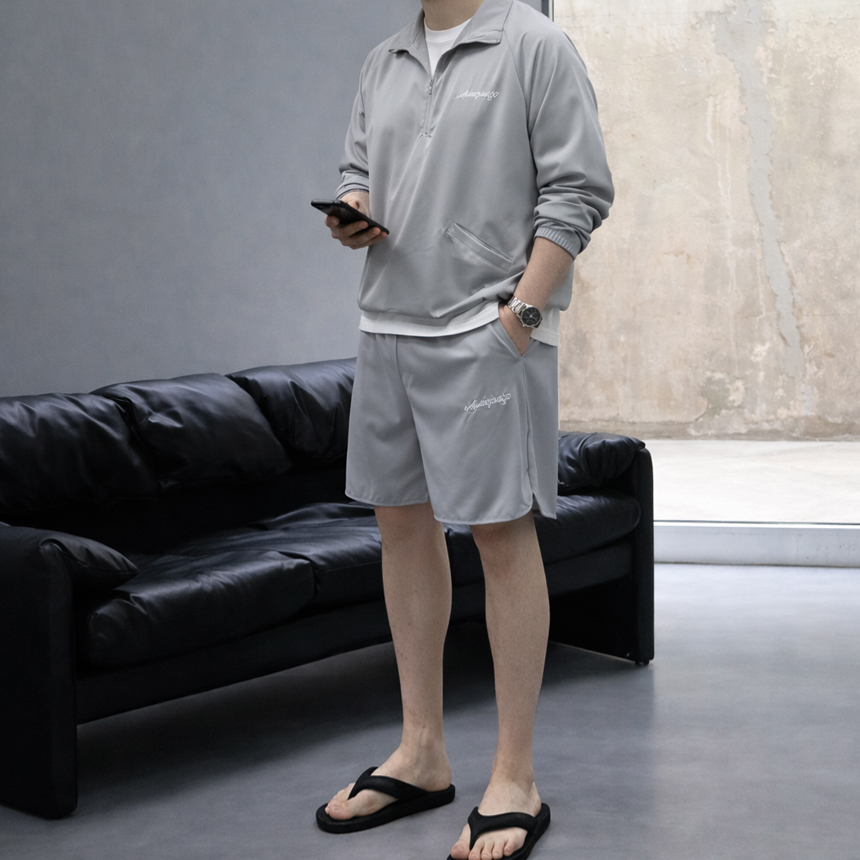 남자 트레이닝복 세트 아노락 오버핏 카라넥 반집업 반바지 셋업 이미지 8
