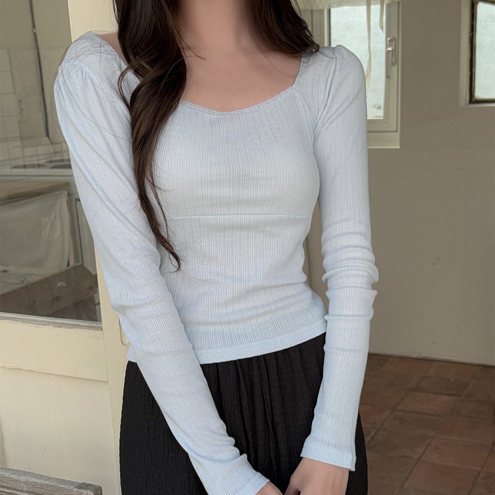 로맨틱 스퀘어넥 레이스 퍼프 소매 슬림핏 티셔츠 이미지 8