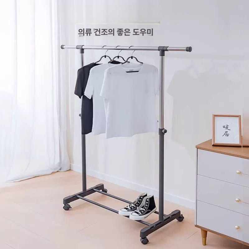 이동식 1단 행거 블랙 사무용 드레스룸 선반 옷걸이 파이프 철제 - 상세 이미지 3
