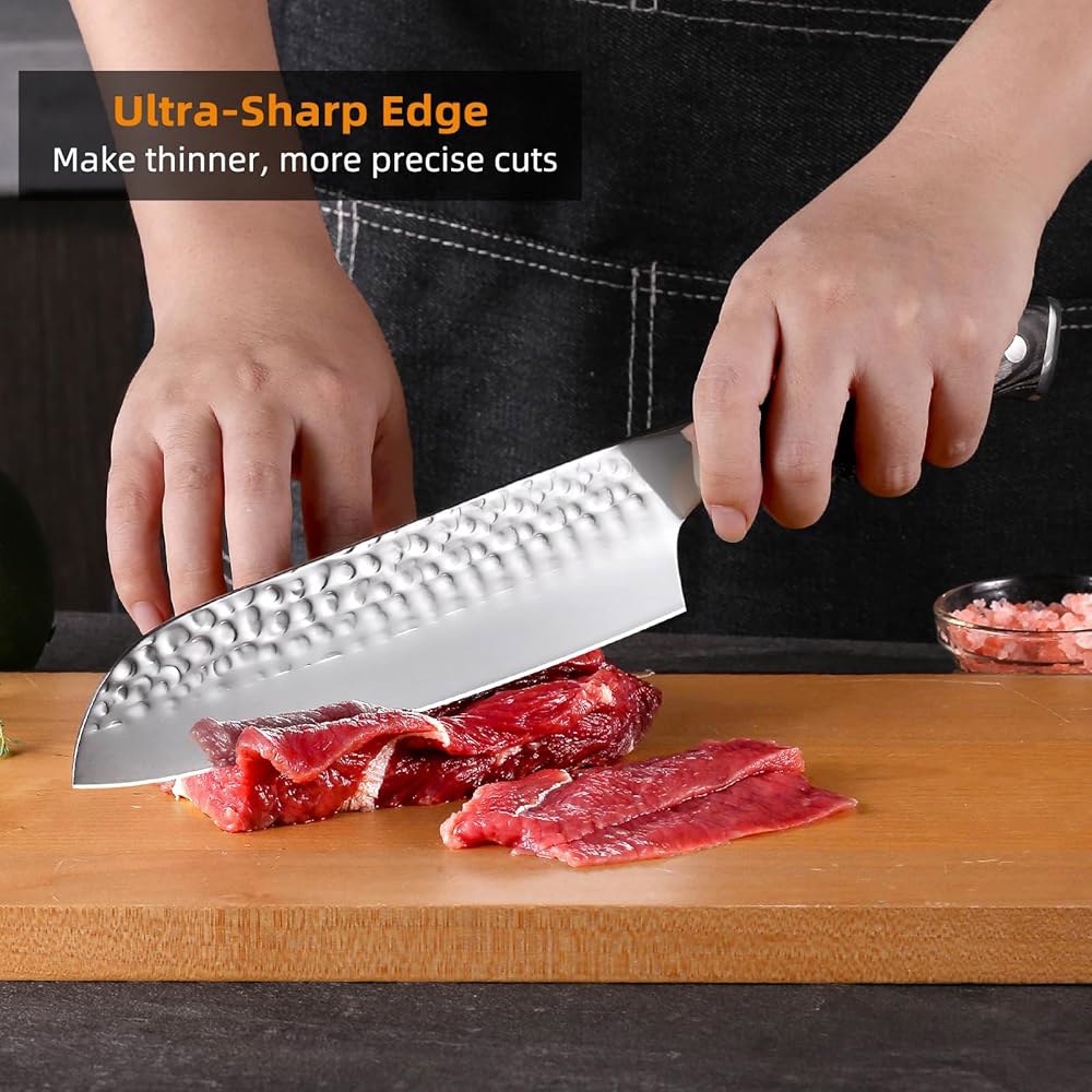 FXFSTEEL Santoku 나이프 - 17.8cm(7인치) 주방 고탄소강 나무 1.4116 선물, 면도날처럼 남성/여성용 칼, 셰프 나이프, 스타일 생일 파카 A 일본 날카로운 - 상세 이미지 2