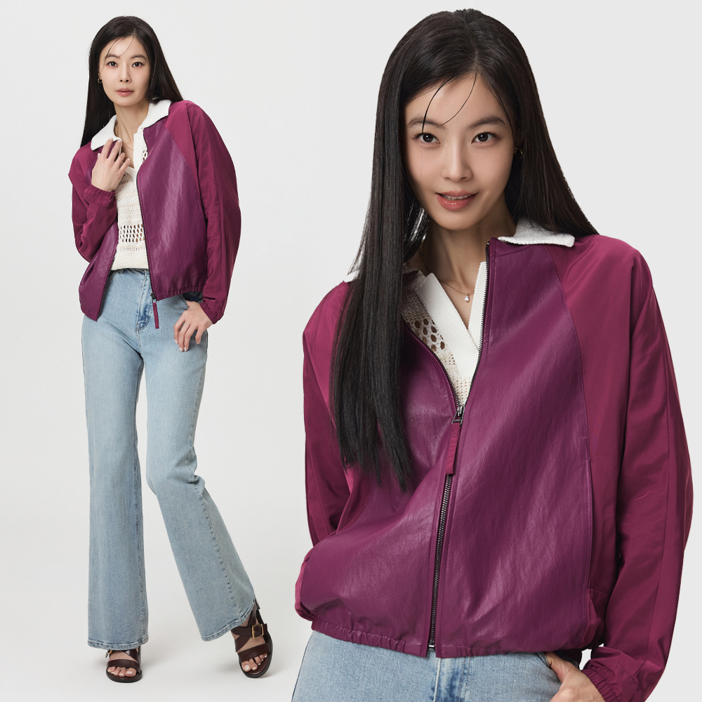 메시제이 FAUX 레더 블록 자켓 세미 오버핏 블루종 점퍼 페이크 인조 가죽 봄 가을 잠바 - 상세 이미지 3