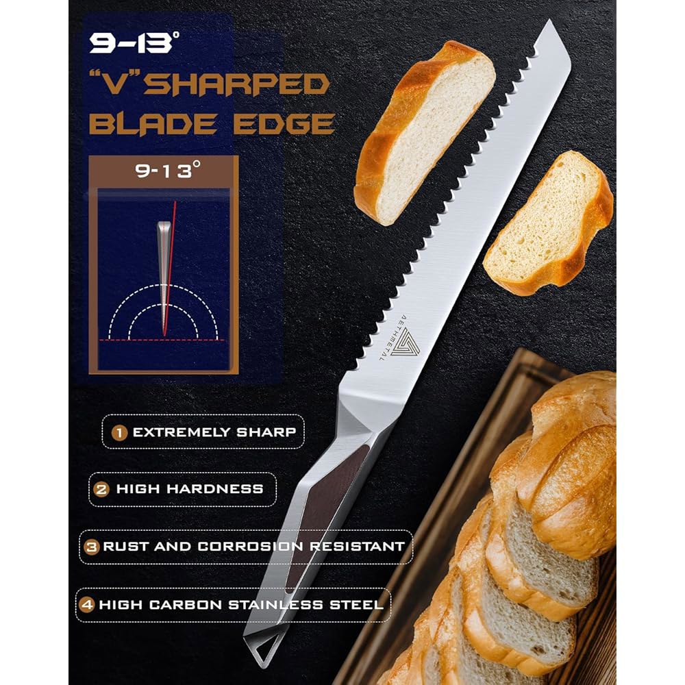 AETHMETAL Resharpenable 20.3cm(8인치) 브레드 나이프 독일 탱이 - 톱니 엣지, 웨이브 다기능 및 스틸 스테인리스 슬라이싱 수제 풀 효율적인 있는 나이프, - 상세 이미지 2