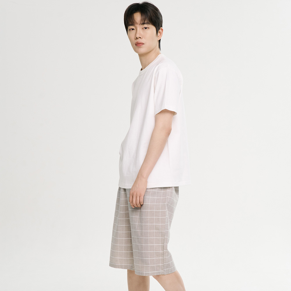 베이지 M체크 7부 순면 남성 잠옷 파자마 바지 - 상세 이미지 3