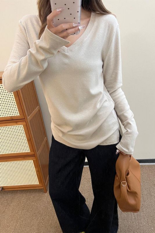 브이넥 여성용 긴팔 티셔츠 봄 루즈핏 캐주얼 베이스 레이어 쇄골 노출형 고급스러운 상의 이미지 6