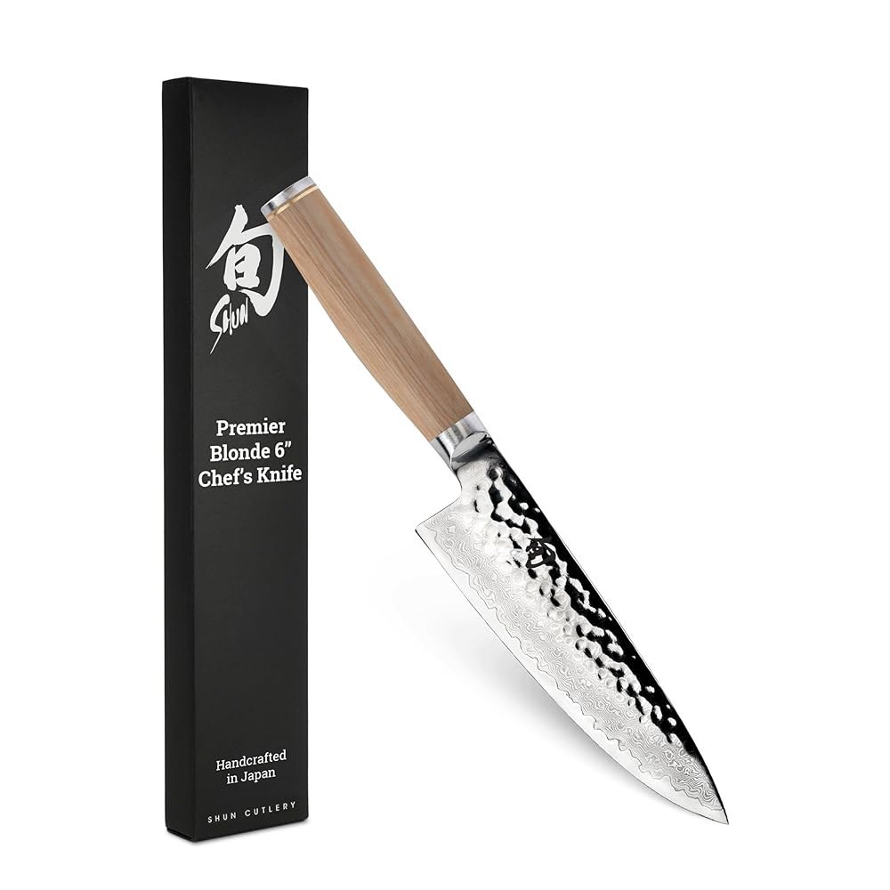 Shun Premier Blonde 15.2cm(6인치) 셰프 가정 스틸 위한 및 요리사를 주방 핸들 나이프, 클래딩이 있는 전문 수제 일본 VG-MAX 코어, 다마스커스 파카우드 - 상품 이미지