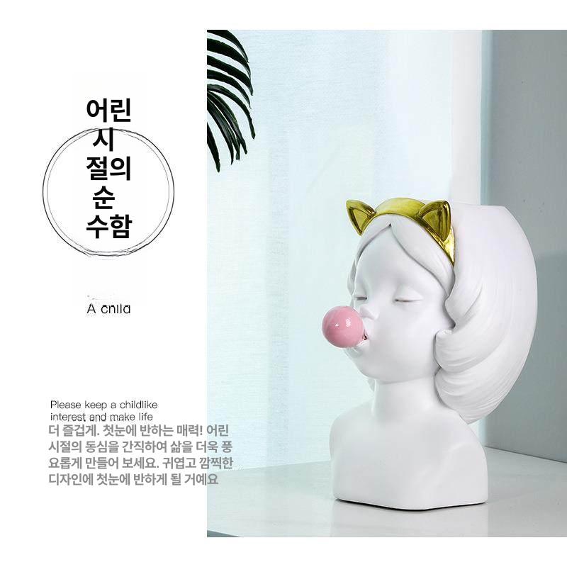 꽃병 도자기 세라믹 납작 매장 인테리어오브제 앉은 장식 비눗방울 부는 고양이 소녀 작은 흰색 - 상세 이미지 4