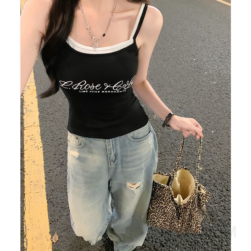 여성 스트릿 슬림핏 면 혼방 레이어드 영문 레터링 캡내장 나시 탑 민소매 탱크탑 브라탑 크롭탑 이너웨어 슬리브리스 - 상세 이미지 5