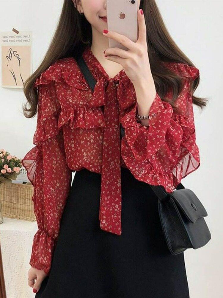 쉬폰블라우스 레드 쉬폰 블라우스 브이넥 꽃무늬 셔츠 셔링 봄 우아한 프릴 레이스 - 상세 이미지 2