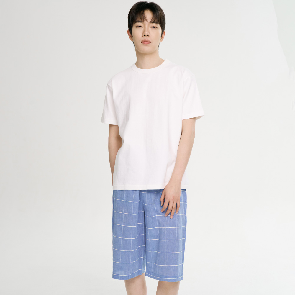블루 L체크 7부 순면 남성 잠옷 파자마 바지 - 상품 이미지