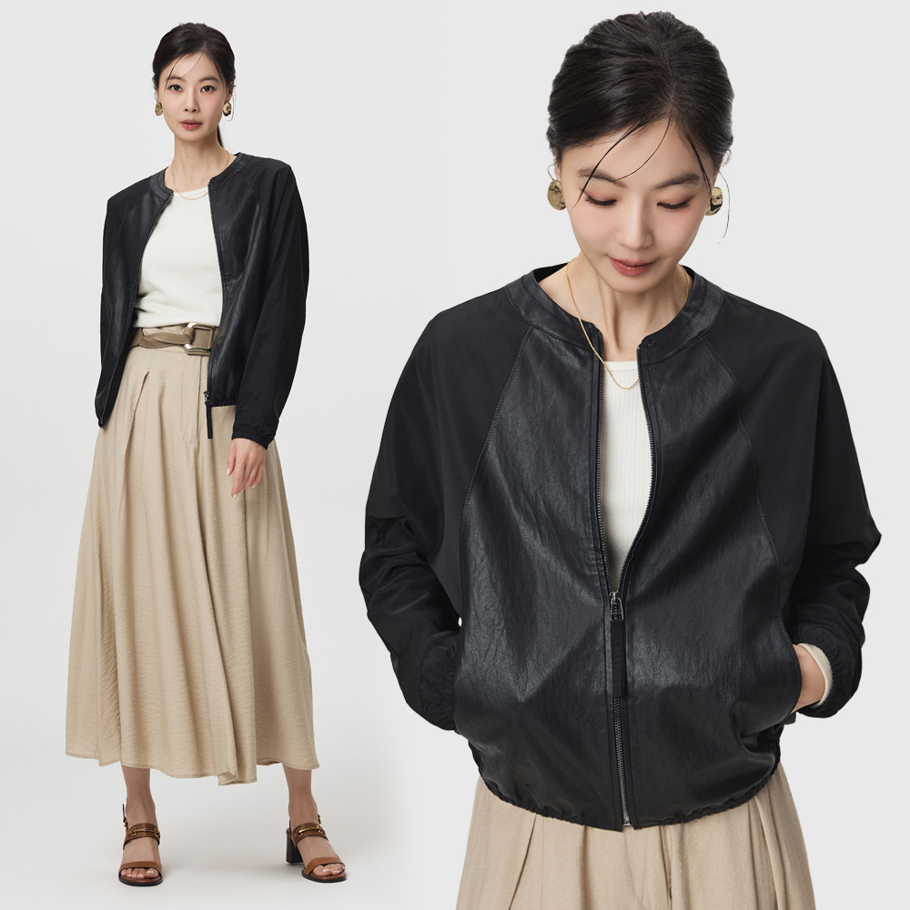 메시제이 FAUX 레더 블록 자켓 세미 오버핏 블루종 점퍼 페이크 인조 가죽 봄 가을 잠바 - 상세 이미지 2