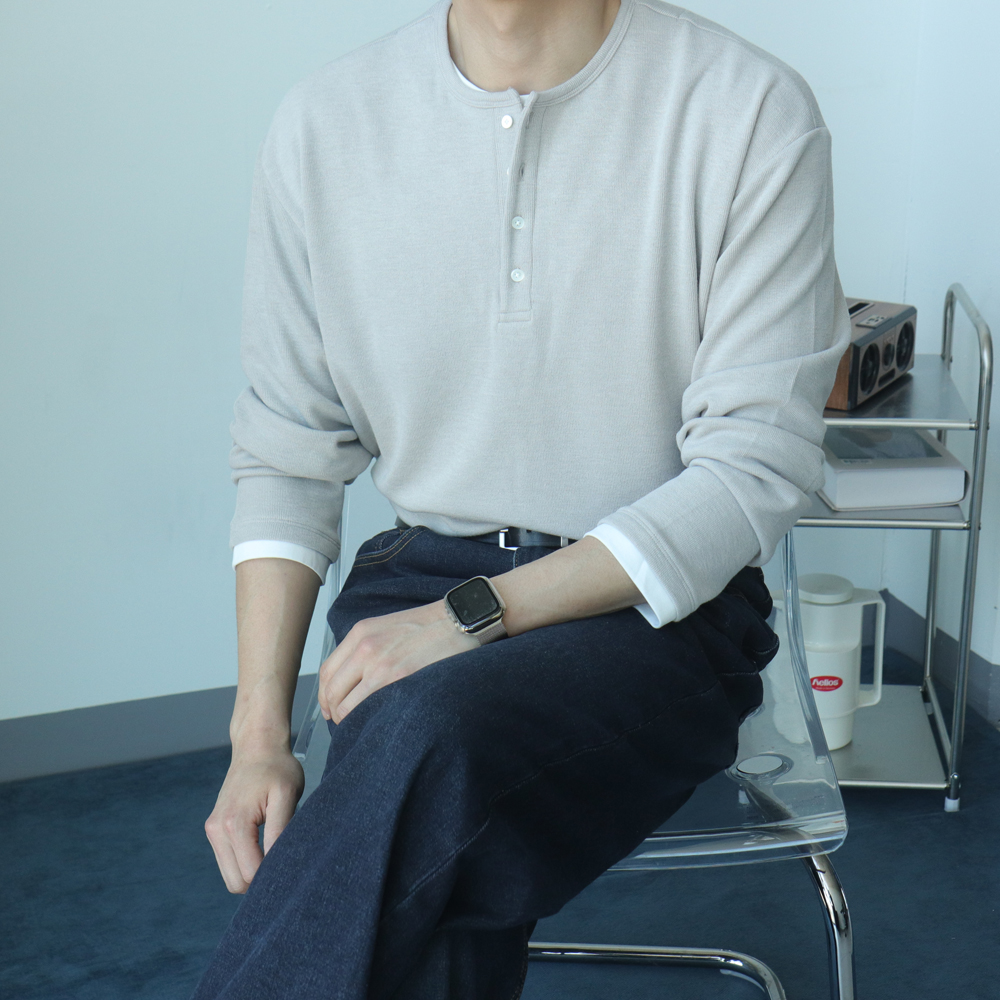 피케 헨리넥 티셔츠 구김없는 레이어드 헨리넥 남자 긴팔티 - 상세 이미지 4