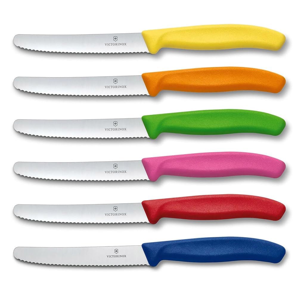 Victorinox Swiss 스테인리스 스틸 6피스 블루 오렌지, 핸들 레드, 톱니 11.4cm(4.5인치) 그린, 포함 옐로우, 세트, 스테이크 파이브록스 원형 나이프 핑크, - 상품 이미지