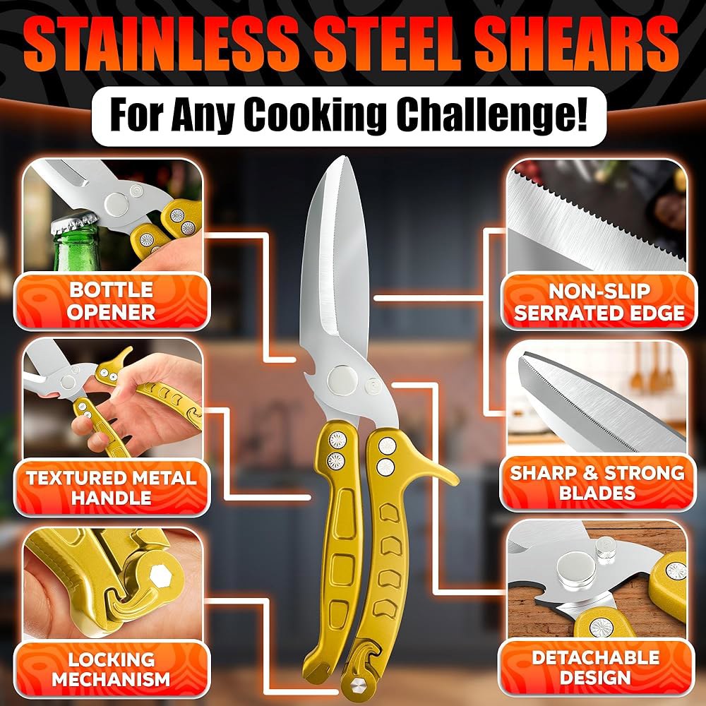 4-in-1 Multifunction Heavy Duty Kitchen Seafood, Meat for Bone Turkey (Gold) Blades & Sharp Fish, Sc - 상세 이미지 3