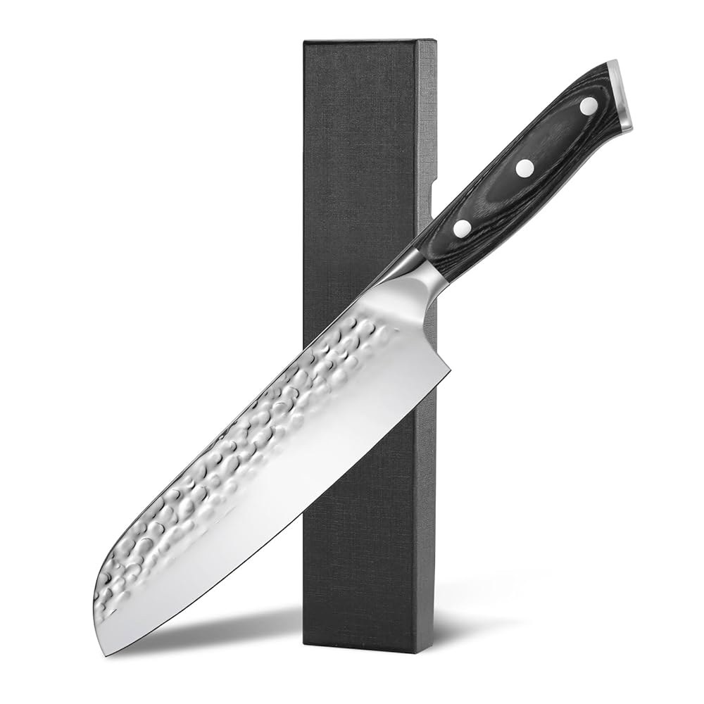 FXFSTEEL Santoku 나이프 - 17.8cm(7인치) 주방 고탄소강 나무 1.4116 선물, 면도날처럼 남성/여성용 칼, 셰프 나이프, 스타일 생일 파카 A 일본 날카로운 - 상품 이미지