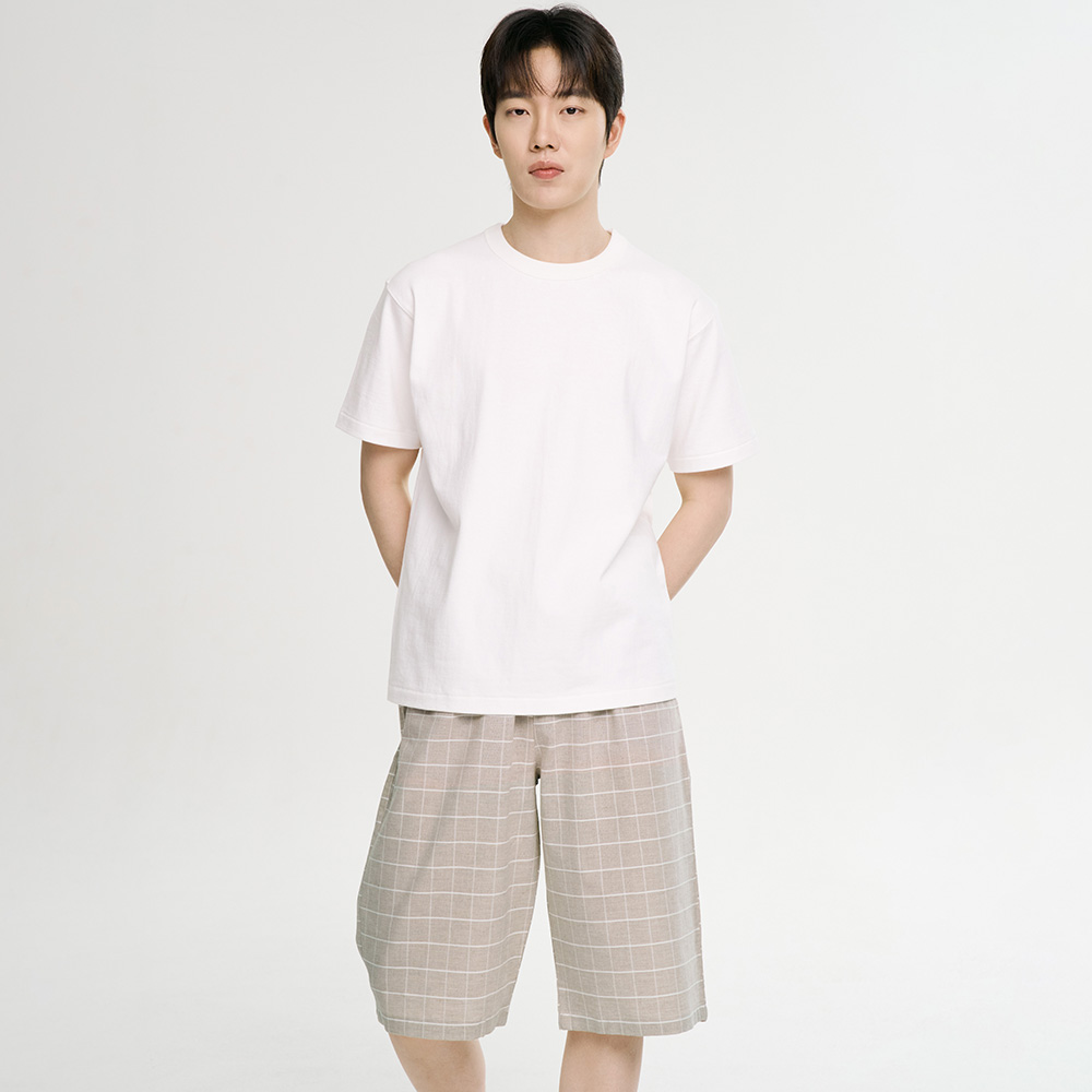 베이지 M체크 7부 순면 남성 잠옷 파자마 바지 - 상세 이미지 2