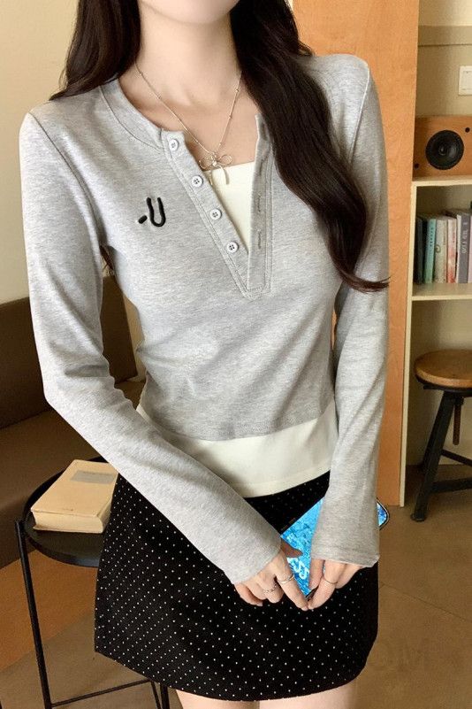 페이크 투피스 여성용 긴팔 티셔츠 슬림핏 숄더 라운드넥 이른 봄 베이스 레이어 탑 디자인 이미지 6