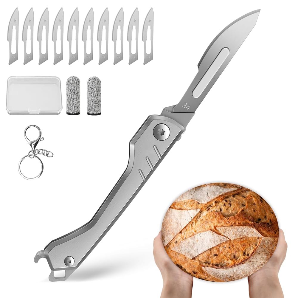 CRUIFU Bread Lame 반죽 스코어링 다목적 도구, 10개 사워도우 도구 포함 면도날 및 빵 나이프, 베이킹용 - (그레이) 스코어러 접이식 Gray - 상품 이미지