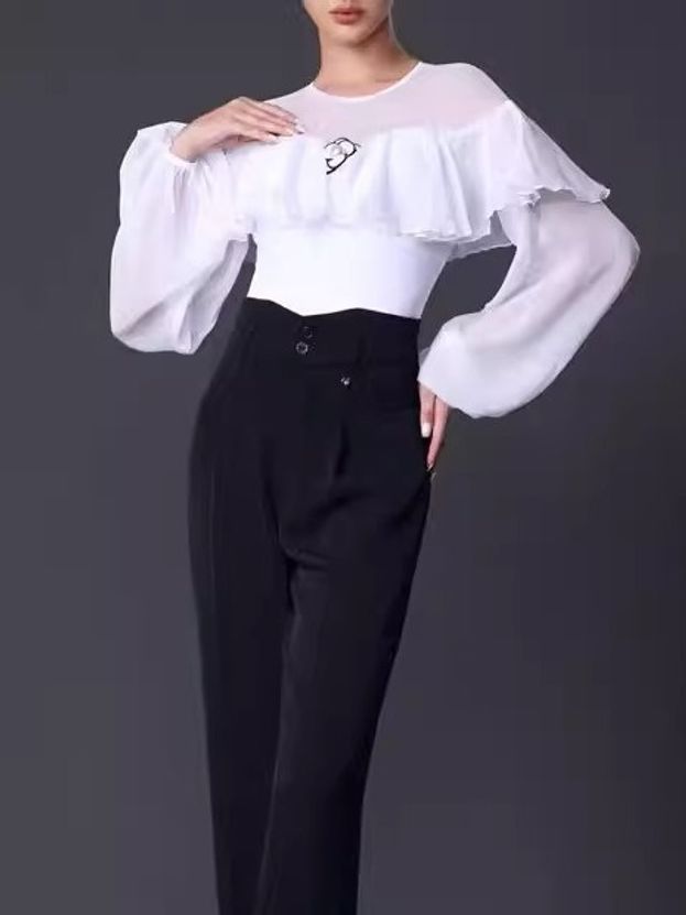 라틴 댄스 상의 러플 공연 긴팔 블라우스 화이트 방송 반팔 라인 복 여성 - 상세 이미지 2