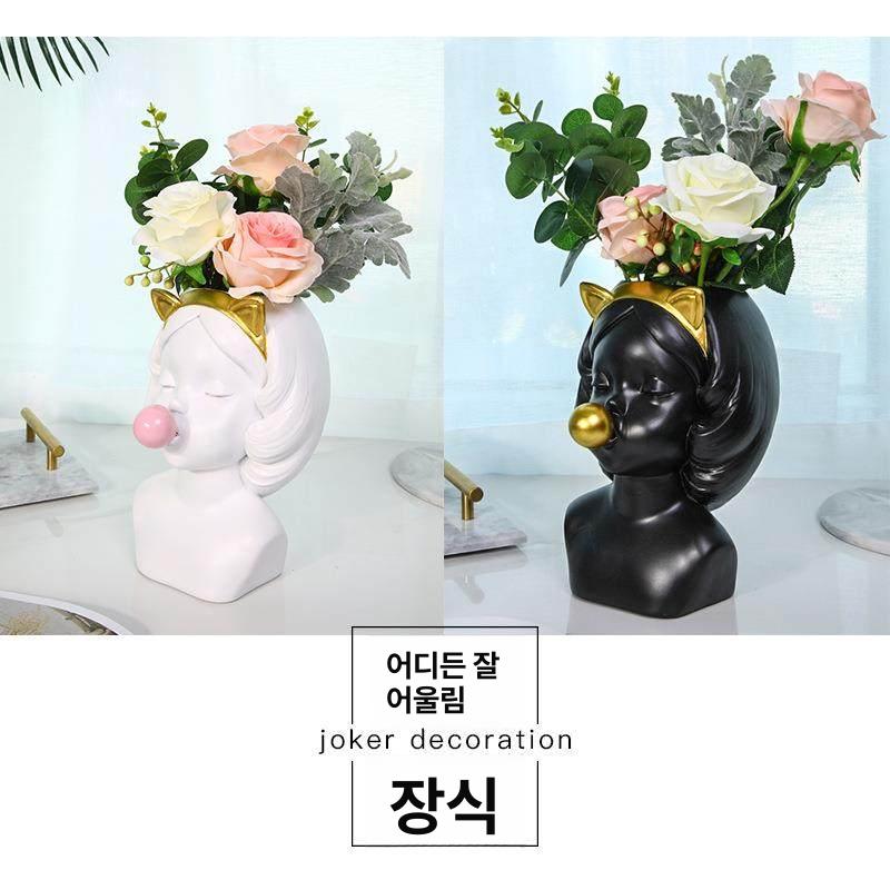 꽃병 도자기 세라믹 납작 매장 인테리어오브제 앉은 장식 비눗방울 부는 고양이 소녀 작은 흰색 - 상세 이미지 5