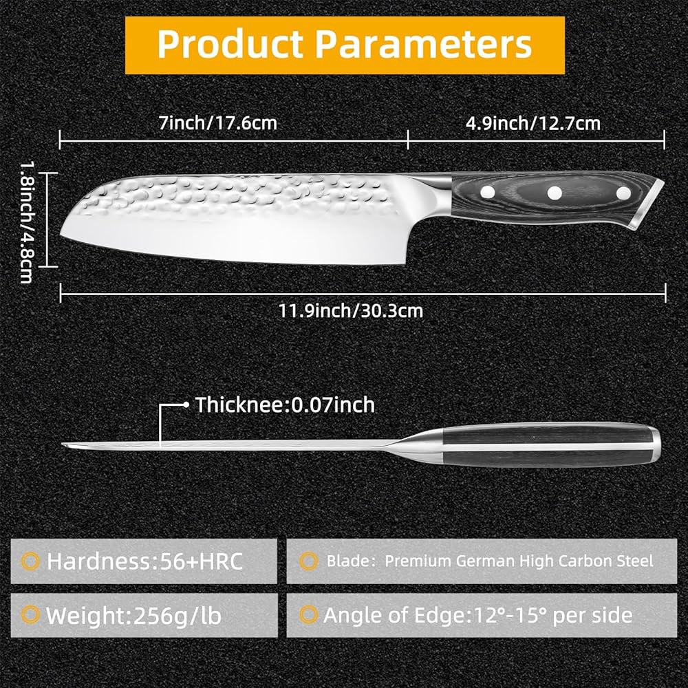 FXFSTEEL Santoku 나이프 - 17.8cm(7인치) 주방 고탄소강 나무 1.4116 선물, 면도날처럼 남성/여성용 칼, 셰프 나이프, 스타일 생일 파카 A 일본 날카로운 - 상세 이미지 3