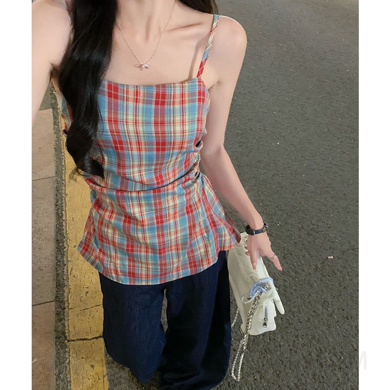 여성 빈티지 레트로 스트릿 폴리 슬림 스퀘어넥 민소매 슬리브리스 체크 레이어드 뷔스티에 나시 티셔츠 이미지 6