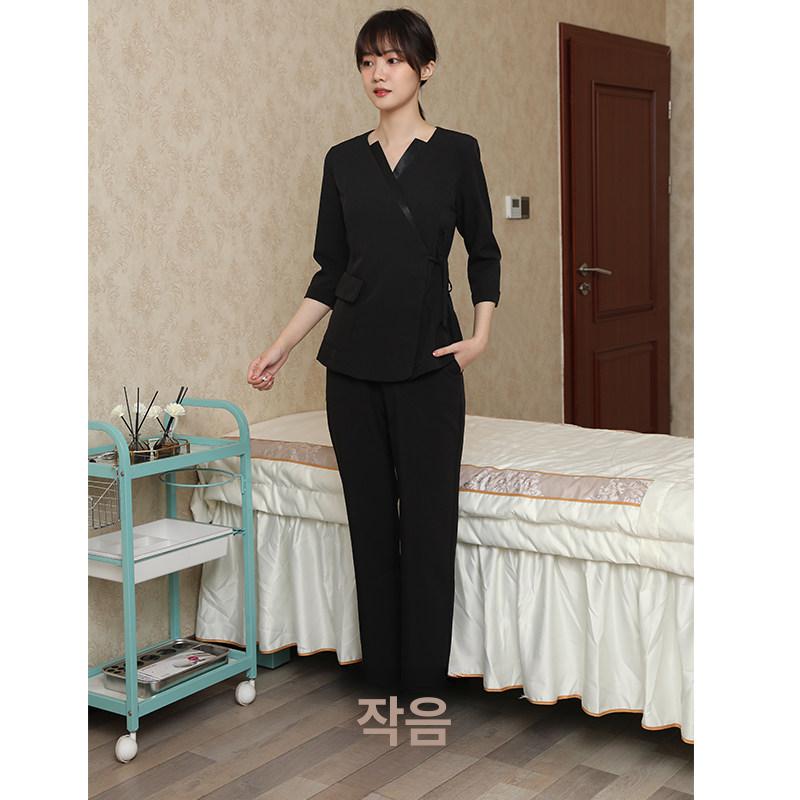 네일샵 피부 관리샵 유니폼 미용실 병원 블랙 7부 소매 바지 포함 S - 상세 이미지 3