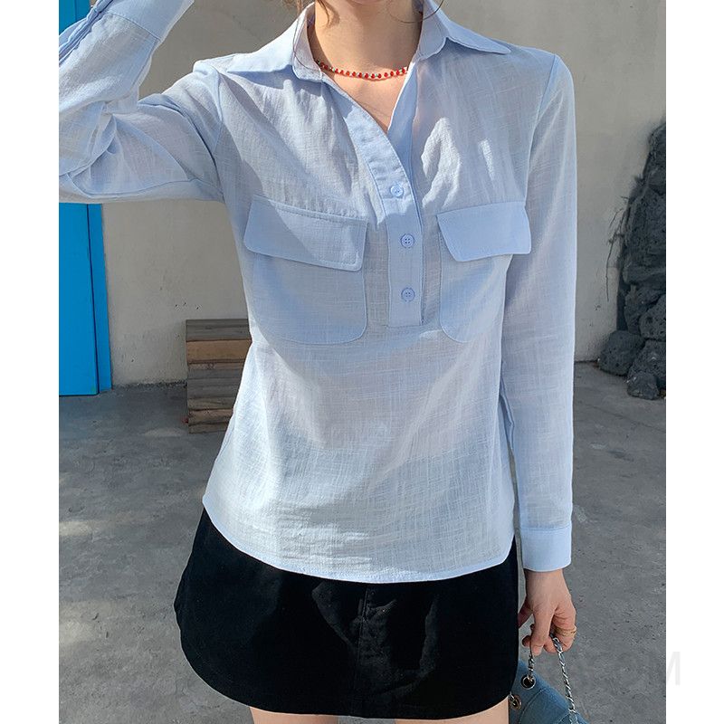 여성 캐주얼 데일리 면 자수 브이넥 오픈카라 더블포켓 루즈핏 롱슬리브 셔츠 블라우스 아우터 겸용 상의 - 상세 이미지 5