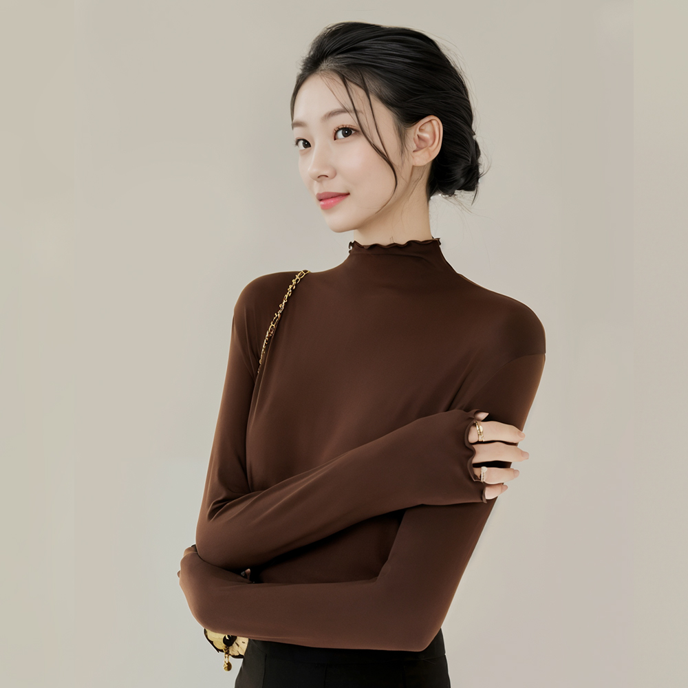 여자 얇은 프릴 반목 긴팔티 피치기모 목티 레이어드 반폴라티 롱티 - 상품 이미지