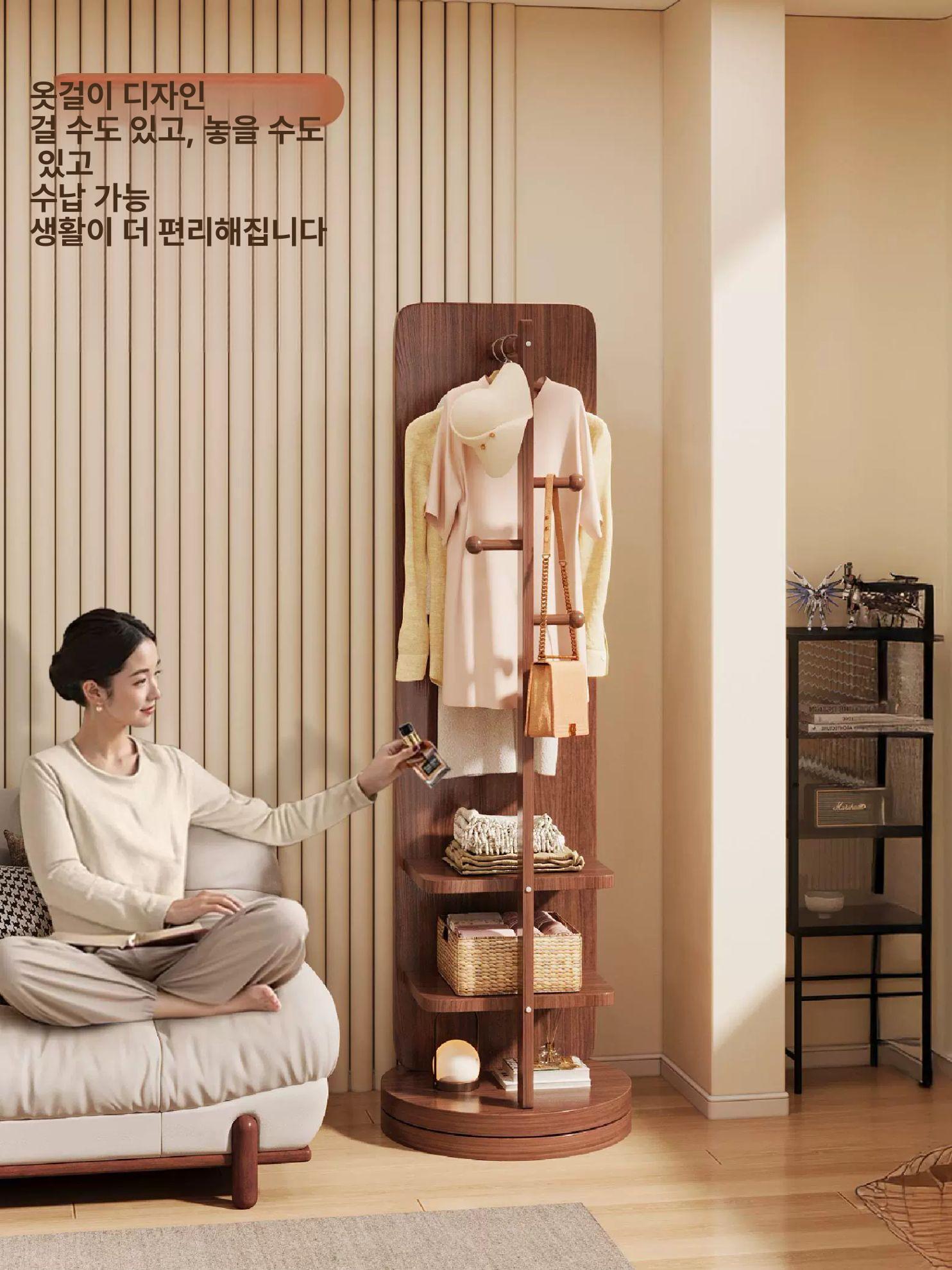 원목 전신거울 행거 북유럽 회전 코트랙 수납형 - 상세 이미지 3