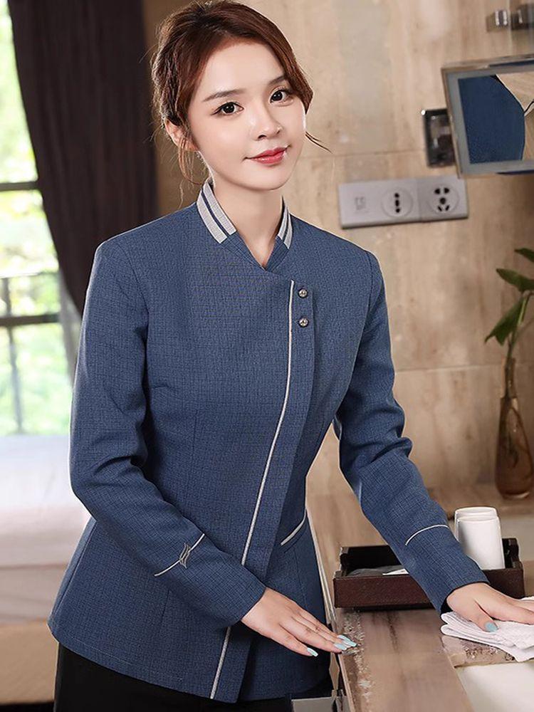 청소복 유니폼 작업복 반팔 관리청결복 미화복 상호이름 여성용 블루 상의 L - 상품 이미지