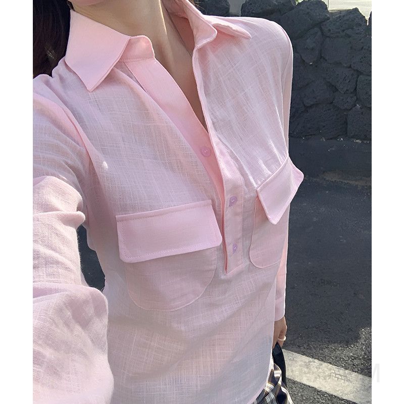 여성 캐주얼 데일리 면 자수 브이넥 오픈카라 더블포켓 루즈핏 롱슬리브 셔츠 블라우스 아우터 겸용 상의 이미지 8
