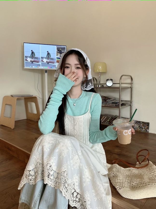 시스루 롱 레이어드원피스 스트랩 자수 원피스 레이스 - 상세 이미지 4