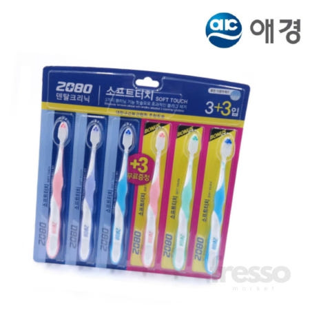 프레소 애경 2080 소프트터치칫솔 6p 혼합 이중미세모 2080칫솔