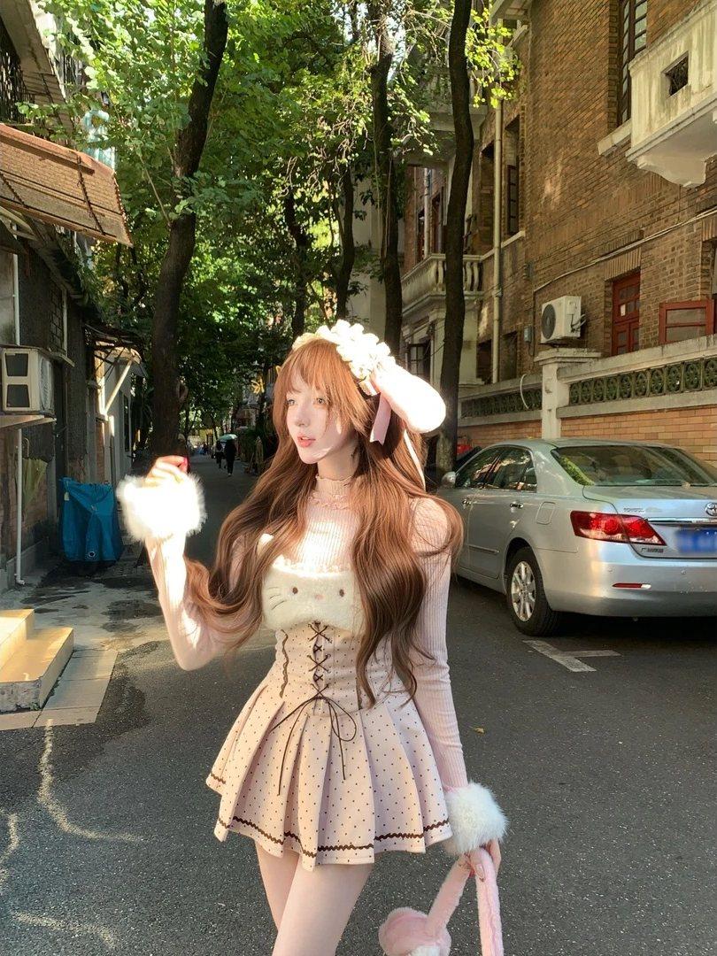 공주풍 양산형 로리타룩 핑크 겨울세트 퍼케이프 리본 포켓 도트 원피스 이너 쓰리피스 코디세트 - 상세 이미지 3