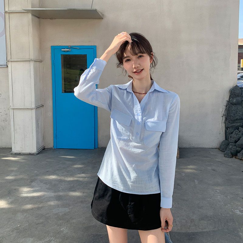 여성 캐주얼 데일리 면 자수 브이넥 오픈카라 더블포켓 루즈핏 롱슬리브 셔츠 블라우스 아우터 겸용 상의 - 상세 이미지 3