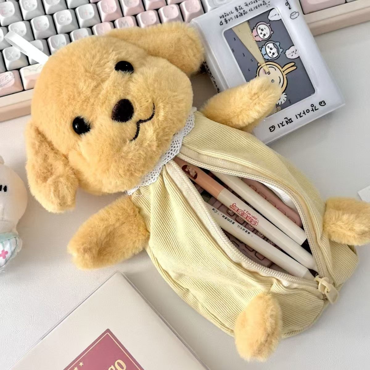 멍뭉미 강아지 인형 앞 지퍼 펜 파우치 필통 봉제인형 화장품 필기구 수납 생리대 - 상세 이미지 4